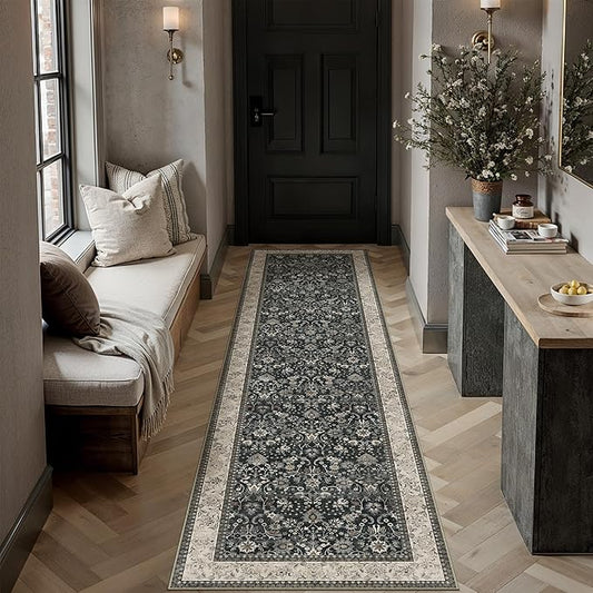 HUGEAR 2x6 Runner Rug Machine Washable Black Beige Hallway Area Rugs Indoor Accent Rugs Floral Low Pile Carpet Distressed Throw Rugs Bedroom Living Room Office Dining Kitchen Laundry Non Slip