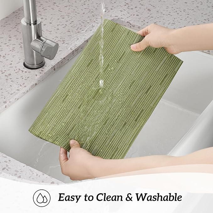 Leetaltree Pea Green Table Runner and Placemats Set of 5, Heat Resistant Non-Slip Place mats for Dining Table, Washable Durable PVC Vinyl Woven Table Mats Set