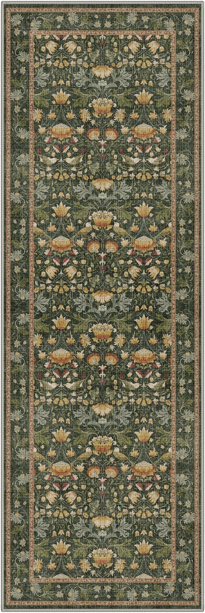 Bavni Boho 2x6 Washable Runner Rug Non Slip, Vintage Botanical Bird Hallway Runner, Low Pile Thin Soft Olive Green Carpet Stain Resistant, Kitchen Runner Floral Rugs for Entryway, Bedroom, Laundry