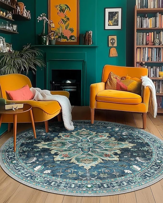 RELEANY Area Rugs 5ft Washable Non-Slip, Floral Vintage Distress Print Pattern Medallion Carpet for Living Room Bedroom Dining Room, Teal Green Lake Blue Turquoise