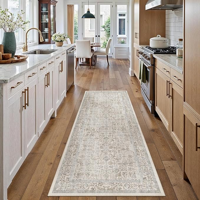 PureCozy Taupe Runner Rug 2x5 Hallway Machine Washable Kitchen Vintage Distressed Non Slip Long Carpet Indoor Retro Floral Bedroom Accent Throw Rug for Bathroom Office Laundry Dining Living Room