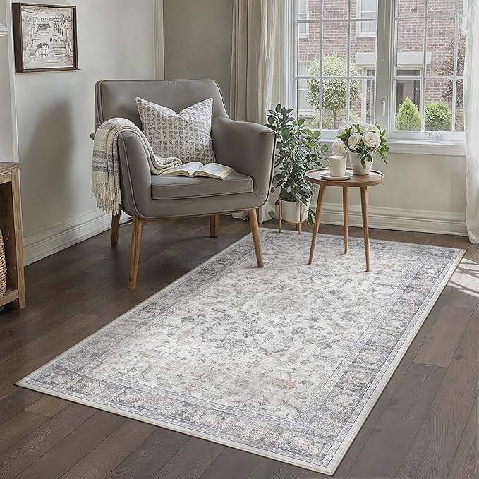 PureCozy 4x6 Grey Entryway Rug Vintage Area Carpet Indoor Office Washable Door Mat Entrance Small Low Pile Traditional Distressed Retro Accent Throw Boho Rug Non Slip Kitchen Bathroom