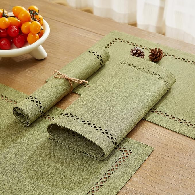 Burlap Placemats Set of 4, 12 x 18 Inch Rustic Geometric Hollow Place Mats, Heat Resistant Placemats for Farmhouse Kitchen Table Decor, Sage Green 4PCS