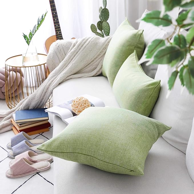 Home Brilliant Spring Pillow Covers Linen Textured Decorative Pillowcases for Bed Sage Burlap Sofa Pillows Slipcovers for Couch Living Room Decor, 18 x 18 inches, Set of 4, Grass Green