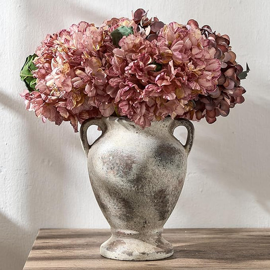 Ceramic Rustic Flower Vase with Handles, 8.46 Inch Tall Vintage Pottery Home Decor, Farmhouse Terracotta Vase for Living Room, Table, Shelf, Mantel Decoration, Farmhouse- Brown