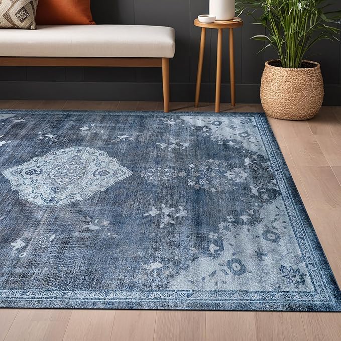 Beverly Rug Non Slip Rugs 6x9 Boho Medallion Floral Non Skid Rubber Backing Easy Silk Soft Area Rug for Living Room Easy to Clean Non Shedding Kitchen Bedroom Indoor Carpet (6 x 9 Blue - Gray)