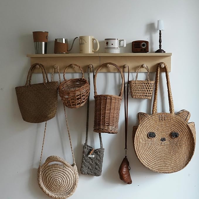 Wall Mounted Coat Rack with Shelf, 15.7" Floating Shelf with 8 Hooks, Heavy Duty Entryway Organizer for Hanging Coats, Bags, Hats, Towels - Ideal for Entryway, (2Pack-Birch Colored Finish)
