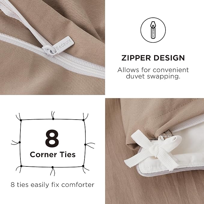 Bedsure Duvet Cover Queen Size with Fitted Sheet - 4 Pieces Prewashed Cotton-Like Extra Soft Bedding Set, Includes 1 Duvet Cover 90x90 Inches, 2 Pillow Shams, 1 Fitted Sheet, Deep Beige