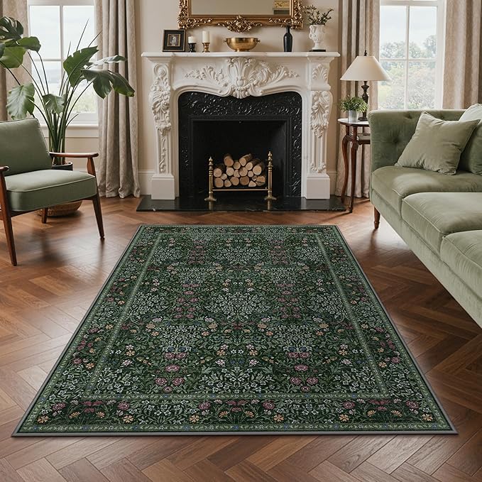 GENIMO 5x7 Area Rug for Living Room, Washable Vintage Floral Low-Pile Non-Slip Carpet for Bedroom Dining Room, Stain Resistant Botanical Accent Rug (Dark Green)