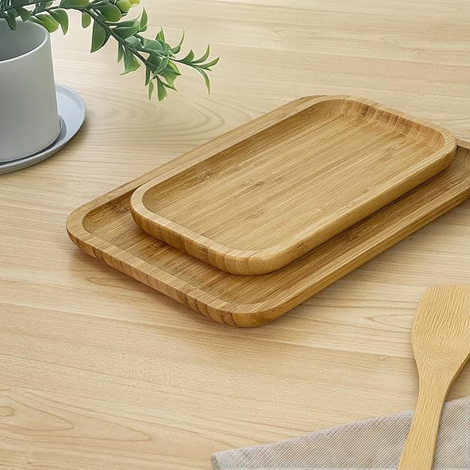 Bam&Boo Bamboo Serving Tray Natural Minimalist Rectangular (15.6” x 11.8" x 0.8") Coffee, Tea, Food, Drinks, Storage, Decor for Home, Kitchen, Bathroom