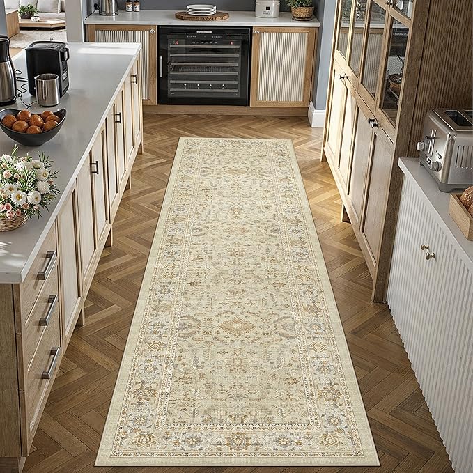 PureCozy 2x8 Beige Runner Rug Vintage Area Carpet Hallway Indoor Kitchen Washable Low Pile Traditional Distressed Retro Accent Throw Boho Rug Non Slip for Laundry Bathroom Office