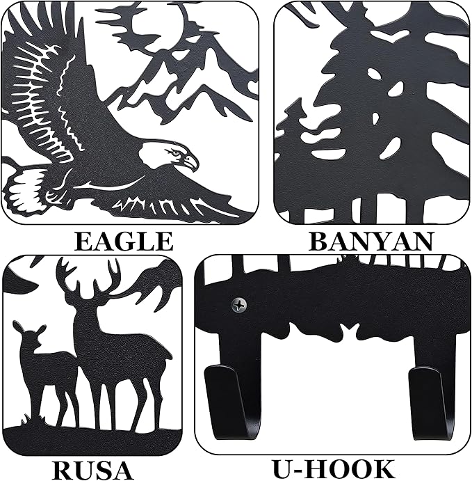 Metal Eagle Hooks Wall Art Decor-Eagle Hangers and Key Holder-Animal Theme Hooks Sweet Home Decor for Storage, Living Room, Hallway, Office (Black)