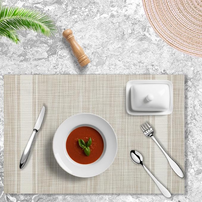 Placemats Set of 4 Vinyl Washable Linen ColorPlacemats, 18"x12" Wipeable Heat-Resistant Non-Slip Easy Clean Table Mats Ideal for Dining Table Table Runner and Outdoor(4, Linen Wide Stripe)