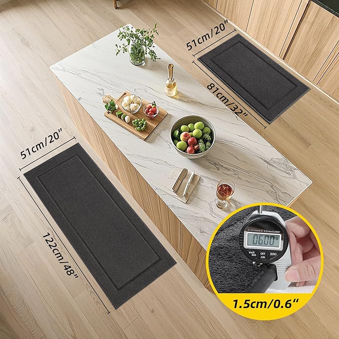 JSEI Non-Slip Kitchen Mats, Self Adhesive No Sliding Kitchen Rugs Set of 2, Washable Absorbent Floor Mat for Kitchen, Bathroom, Laundry Room, Bedroom, 20”x32”+32”x48”, Dark Grey, Rectangular Pattern