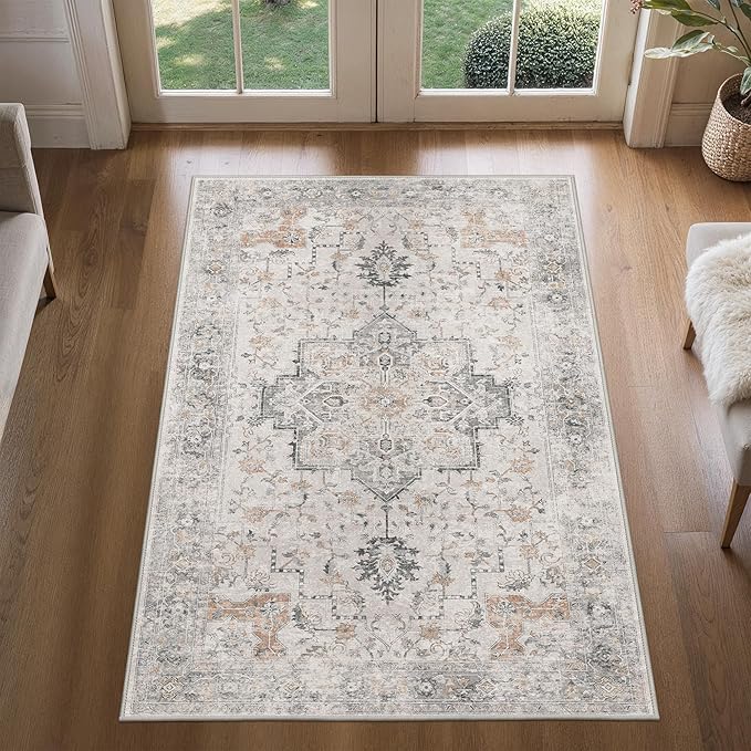 BESBLEE 3x5 Area Rugs for Living Room, Machine Washable Non Slip Vintage Rugs, Low Pile Lightweight Print Rug for Bedroom, Dining Room, Home Office, Light Taupe Brown