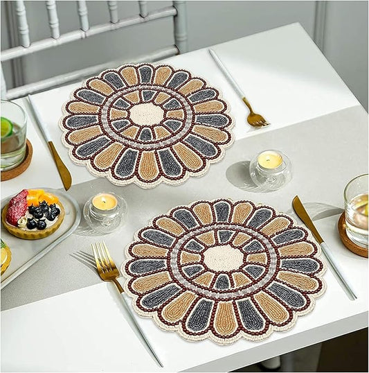 Beaded Charger 13 inch Placemats Round – Floral Calendula Design in Grey Gold Ivory, Handmade Dining Table Mat, Holiday, Christmas, Wedding, Decorative Table Bedding Craft