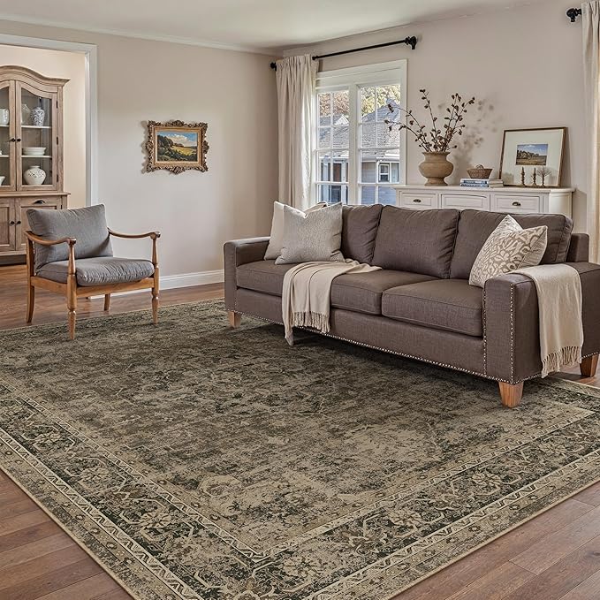 PureCozy 4x6 Washable Area Rug Brown Vintage Distressed Rug for Office Oriental Soft Thin Indoor Retro Carpet Non Slip Low Pile Floor Cover for Living Ding Room Bedroom Laundry