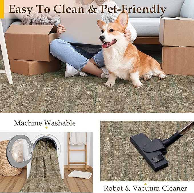 PureCozy 3x10 Brown Area Rug Runners for Hallways Washable Vintage Distressed Carpet Low Pile Non Slip Indoor Retro Soft Long Accent Rug Bedroom Kitchen Bathroom Laundry Dining Living Room