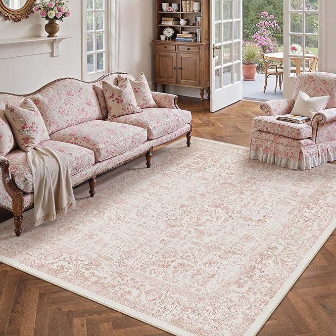 PureCozy Pink Area Rug 5x8 Machine Washable Vintage Living Room Distressed Non Slip Carpet Traditional Indoor Bedroom Retro Floral Accent Throw Large Rug Office Kitchen Bathroom Dining Room