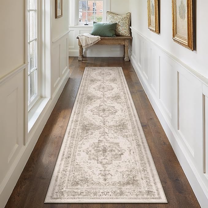 PureCozy Runner Rug 3x7 Beige Hallway Washable Carpet Non Slip Vintage Medallion Carpet Low Pile Soft Distressed Retro Indoor Long Rug for Entryway Kitchen Bathroom Laundry Bedroom