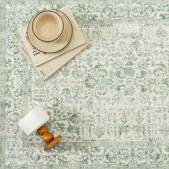 PureCozy Sage Green Area Rug 4x6 Washable Office Entryway Carpet Vintage Distressed Non Slip Kitchen Indoor Entry Neutral Low Pile Retro Floral Farmhouse Throw Mat for Laundry Dining Room Bedroom