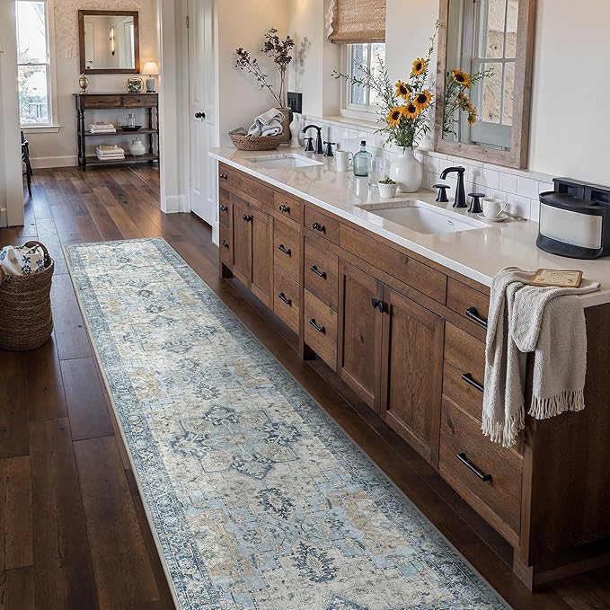 BESBLEE Runner Rug 2'6''x12, Non Slip Vintage Machine Washable Hallway Runner Rugs, Low Pile Lightweight Mat for Hallway, Entryway, Bedroom, Kitchen and Corridor, Blue