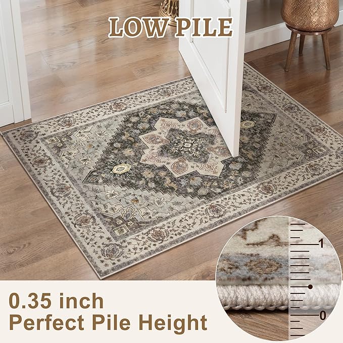 Tangsoo 3x5 Area Rug Vintage Washable Rugs Non Slip, Farmhouse Rugs Indoor Accent Rug Print Distressed Grey Carpet, Soft Low Pile Rug for Living Room Bedside Entryway Bedroom