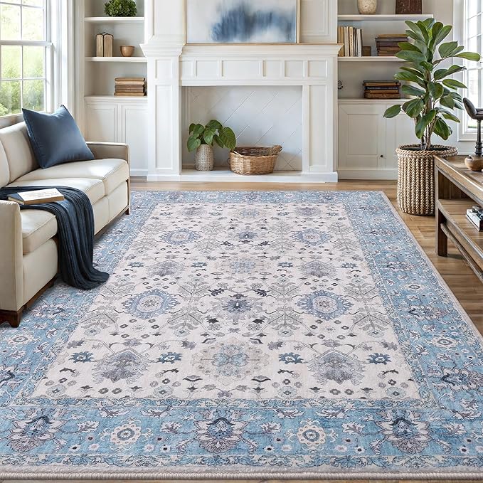 Vanmoos 5x7 Area Rugs for Living Room, Bedroom - Machine Washable, Non-Slip Bedside Rug, Large Soft Floor Carpet for Office, Dining Room, Farmhouse and Home Decor, Cozy Elegance/Blue