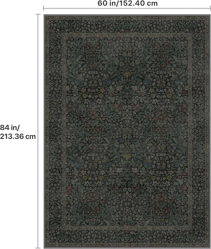 GENIMO 5x7 Area Rug for Living Room, Washable Vintage Floral Low-Pile Non-Slip Carpet for Bedroom Dining Room, Stain Resistant Botanical Accent Rug (Charcoal Green)