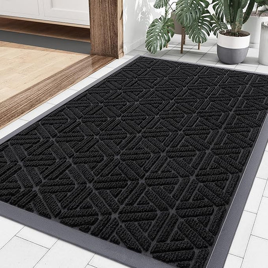 Smiry Front Door Mat Outside Entrance, Heavy Duty Sturdy Natural Rubber Doormat, Trap Dirt and Moisture, Easy Clean Low Profile Mats for Indoor Outdoor Entry, Grid Geometric (35x23, Black)