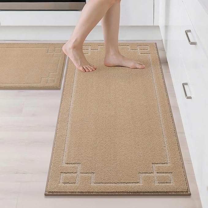 BEQHAUSE Kitchen Rugs Non-Slip Washable [2 PCS], Machine Washable Kitchen Mats Absorbent Soft Kitchen Runner Rugs for Floor,Sink,Hallway,Laundry,20”x32”+20”x48”, Beige