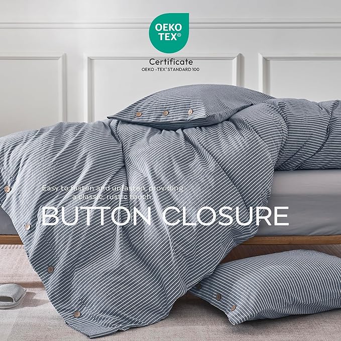 JELLYMONI Cotton Duvet Cover Twin Size - Blue Vertical Pinstriped Comforter Cover with Button 100% Washed Cotton 2PCS Breathable Soft Solid Bedding Set Duvet Cover 68×90in & 1 Pillowcase (NO Insert)