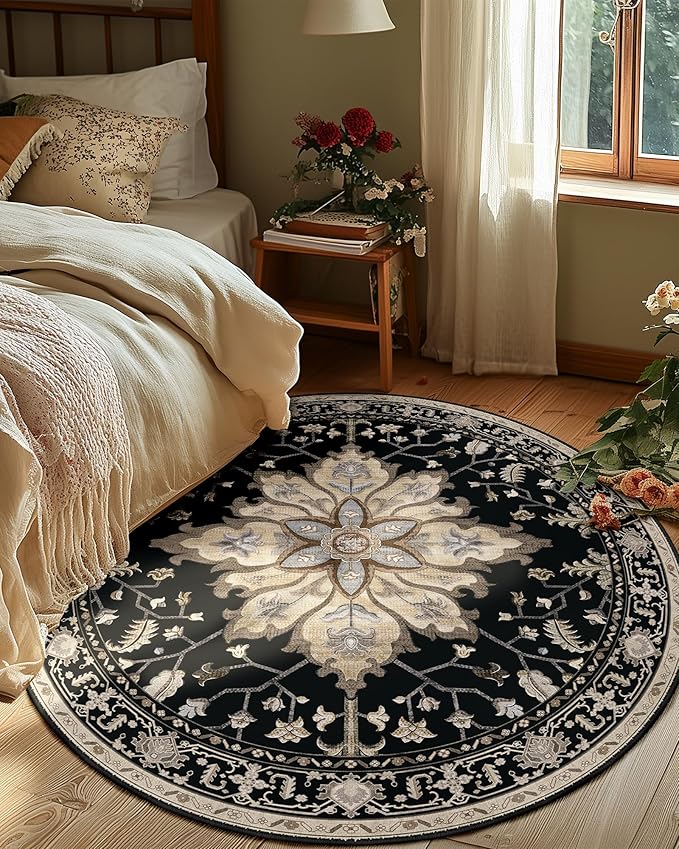 RELEANY Area Rugs 4ft Washable Non-Slip, Floral Vintage Distress Print Pattern Medallion Carpet for Living Room Bedroom Dining Room, Black Brown Neutral Dark Tan