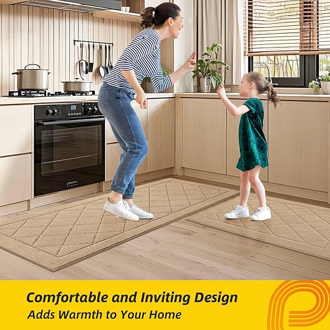 JSEI Non-Slip Kitchen Rugs, Self Adhesive No Sliding Kitchen Mats Set of 2, Soft Washable Absorbent Floor Mat for Kitchen, Bathroom, Laundry Room, Bedroom, 24”x36”+24”x60”, Beige, Diamond Pattern