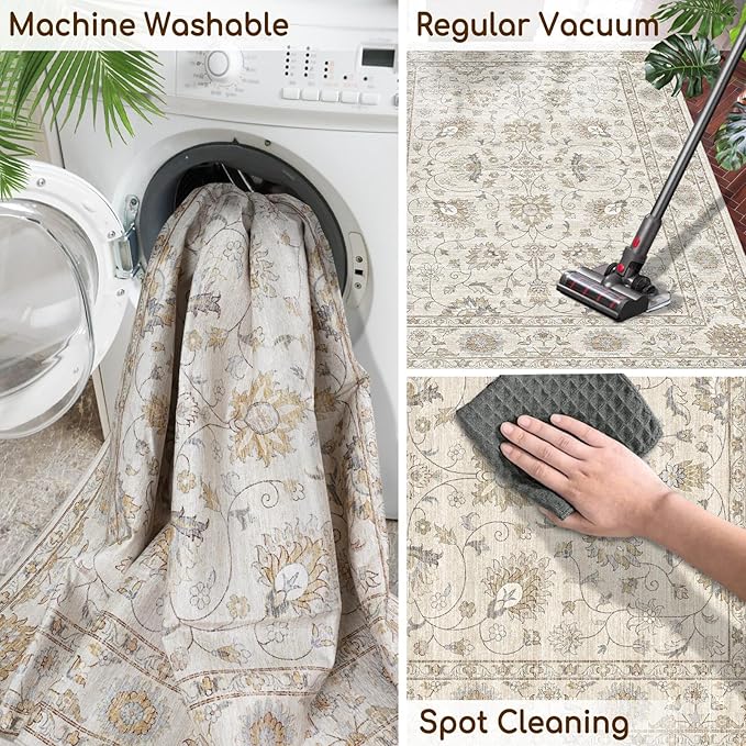 Fortsea Machine Washable Soft Area Rug 8x10 with Non Slip Backing for Living Room,Floor Decoration Carpet Mat Area Rugs 8x10 Clearance Bedroom Rug for Living Room (Beige Gold, 8X10FT)……