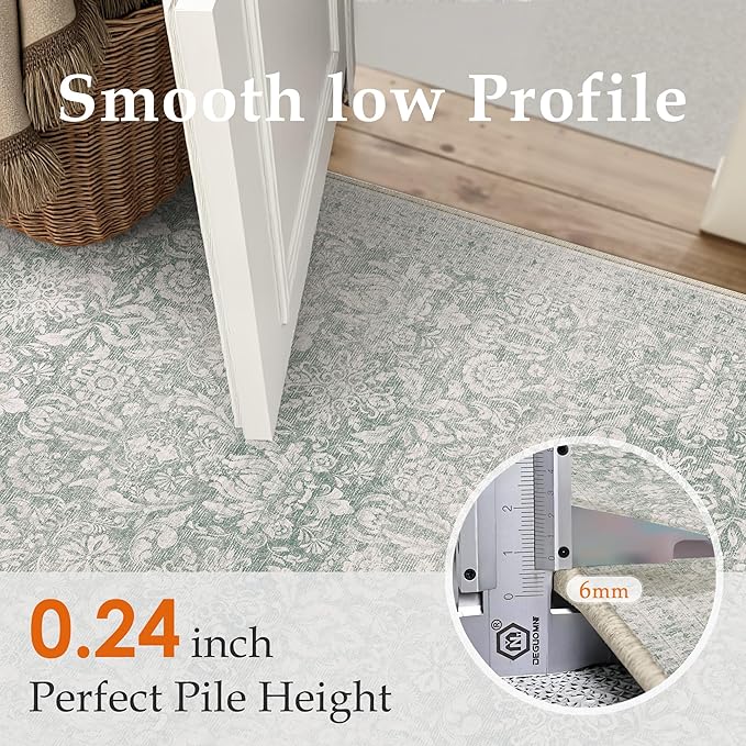 PureCozy Green 2x3 Entryway Area Rug Washable Vintage Door Mat Indoor Non Slip Low Plie Soft Carpet Retro Accent Throw Small Rug for Bathroom Bedroom Office Dining Living Room