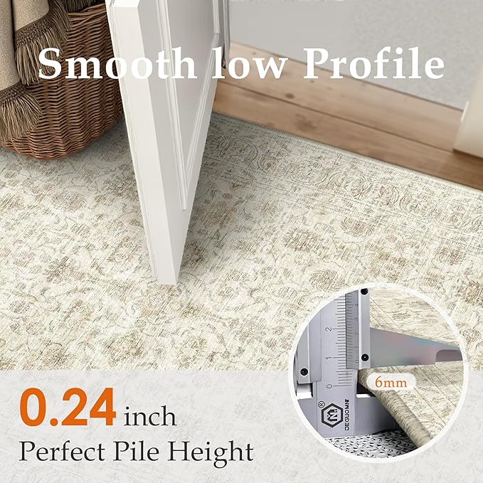 PureCozy 2x6 Runner Rug Machine Washable Hallway Kitchen Vintage Distressed Non Slip Carpet Indoor Small Long Low Pile Thin Beige Bedroom Bathroom Retro Accent Throw Rug Laundry Living Room