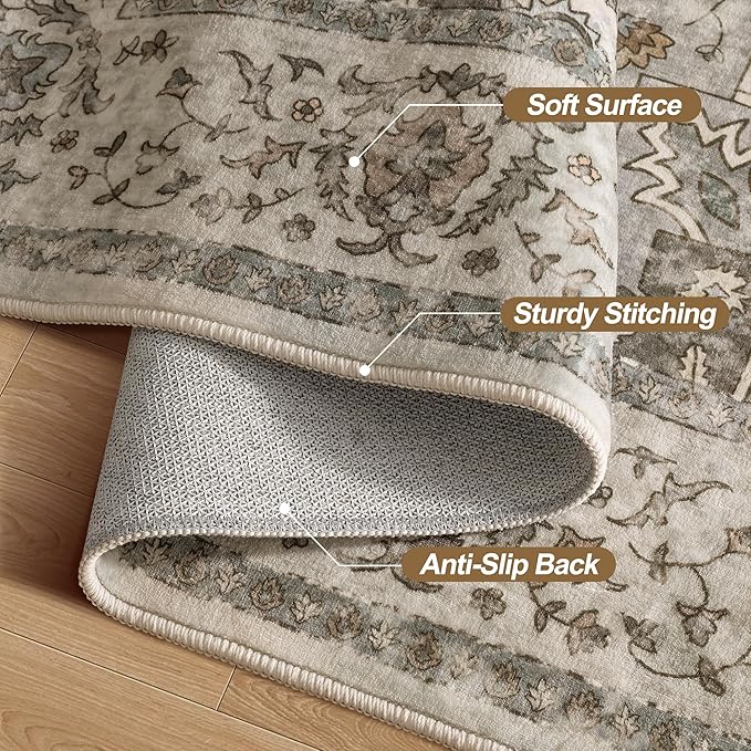 Tangsoo 6x9 Area Rug Washable Rug for Living Room, Vintage Indoor Non Slip Large Area Rugs, Print Distressed Grey Carpet, Soft Low Pile Foldable Floor Rug for Bedroom Dining Room
