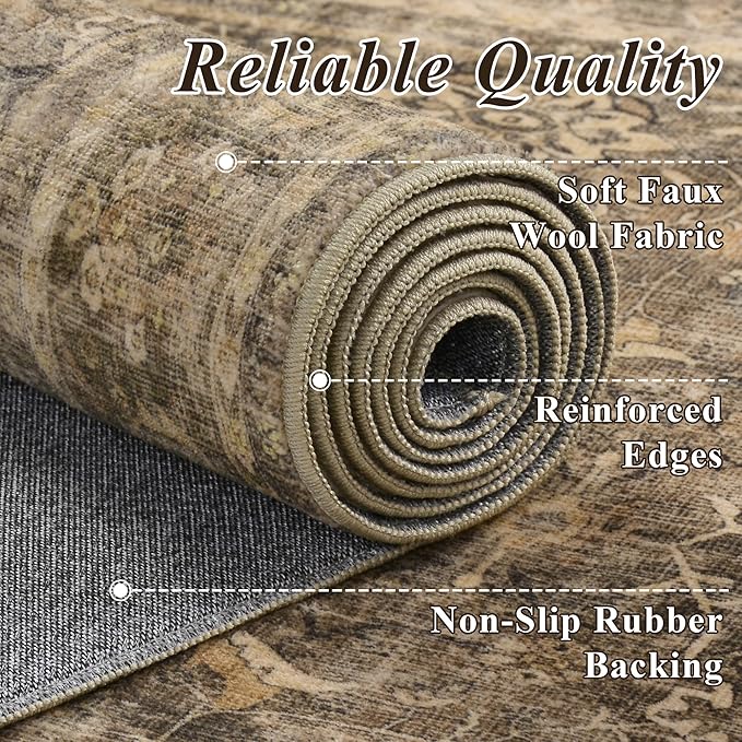 HelloTree Washable Rugs 6x9 Area Rug for Living Room, Vintage Boho Brown Rug Non Slip Carpet Retro Accent Indoor Mat Print Distressed Low Pile Throw Large Rug for Office Bedside-Brown