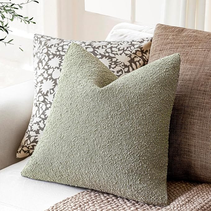 Foindtower Decorative Textured Boucle Throw Pillow Covers Accent Solid Pillow Cases Neutral Soft Cozy Couch Cushion Case for Chair Sofa Bedroom Living Room Home Decor 26x26 Inch,1PC,Dirty Sage Green