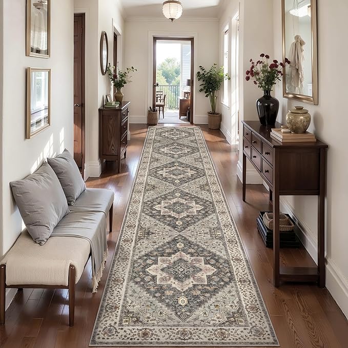 Tangsoo Hallway Runner Rug 2.6x14 Washable Runner Rug for Hallways, Non Slip Vintage Soft Low Pile Long Rug Runner, Print Distressed Carpet Runners for Kitchen Bedroom Entryway Bathroom Living Room