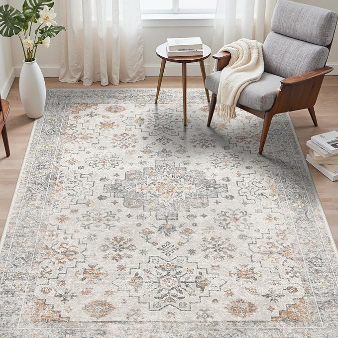 GENIMO 5x7 Area Rugs for Living Room,Machine Washable Non-Slip Vintage Rug, Low Pile Lightweight Carpet for Bedroom, Dining Room, Home Office, Stain & Fade Resistant,Grey