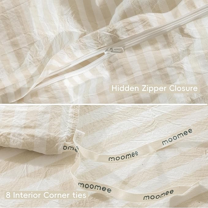 MooMee Striped Duvet Cover Set 100% Washed Cotton Linen Like Textured Breathable Durable Soft Comfy (Almond Milk Grey Classic Stripes, Full 80"x90")