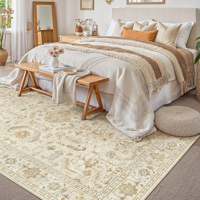 PureCozy 5x7 Beige Area Rug Vintage Washable Living Room Boho Carpet Non Slip Bedroom Indoor Office Low Pile Traditional Distressed Retro Accent Rug for Dining Room Bathroom Office Kitchen Dorm