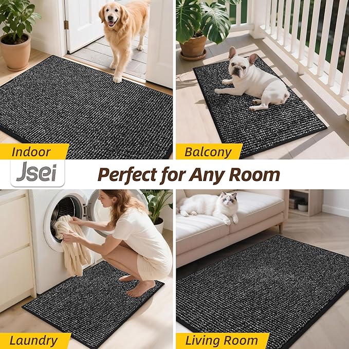 JSEI Dirt Trapper Door Mat 24"x36" Non-Slip Washable Entrance Mat, Dog Doormats, Absorbent & Fade-Resistant Floor Mats, Low Profile Welcome Mats for Entryway, Front Door, and Inside Entrance, Black