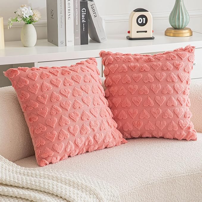 AQOTHES Set of 2 Heart Love Cute Coral Red Decorative Valentines Throw Pillow Covers 20x20, Soft Plush Faux Fur Pillow Covers for Couch Sofa Home Valentines Day Decoration