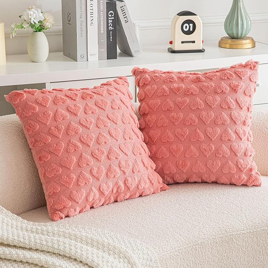 AQOTHES Set of 2 Heart Love Cute Coral Red Decorative Valentines Throw Pillow Covers 20x20, Soft Plush Faux Fur Pillow Covers for Couch Sofa Home Valentines Day Decoration