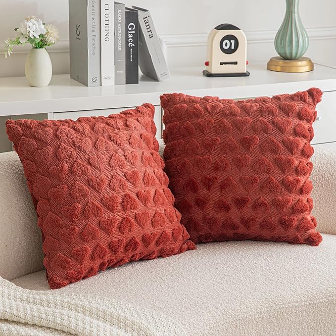 AQOTHES Set of 2 Heart Love Cute Wine Red Decorative Valentines Throw Pillow Covers 24x24, Soft Plush Faux Fur Pillow Covers for Couch Sofa Home Valentines Day Decoration