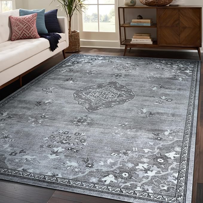 Beverly Rug Non Slip Rugs 6x9 Boho Medallion Floral Non Skid Rubber Backing Easy Silk Soft Area Rug for Living Room Easy to Clean Non Shedding Kitchen Bedroom Indoor Carpet (6 x 9 Gray - Dark Gray)