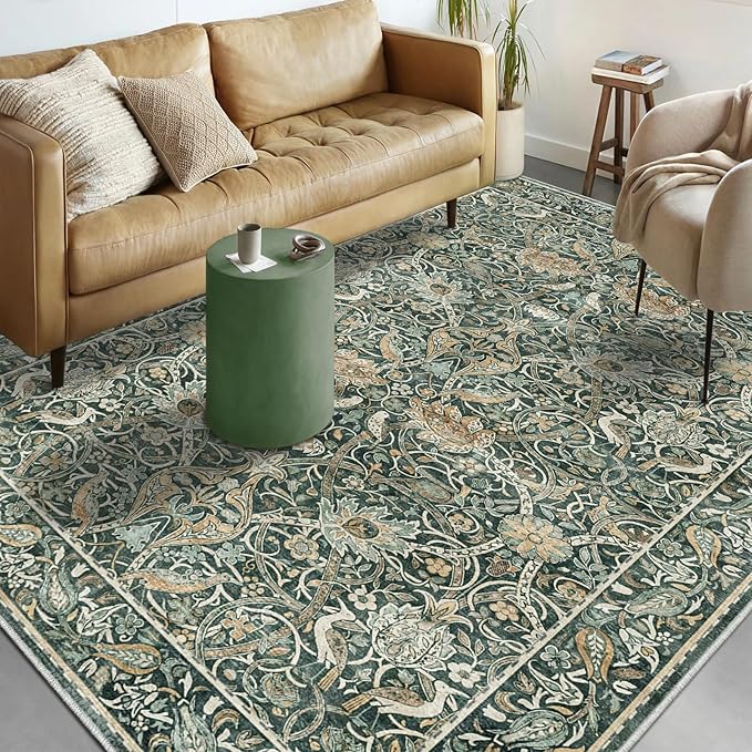 Fortsea 6x9 Drak Green Area Rug for Living Room, Soft Low-Pile Machine Washable Carpet, Retro Pattern Non-Slip Dining Room Rug（6x9 Dark Green）